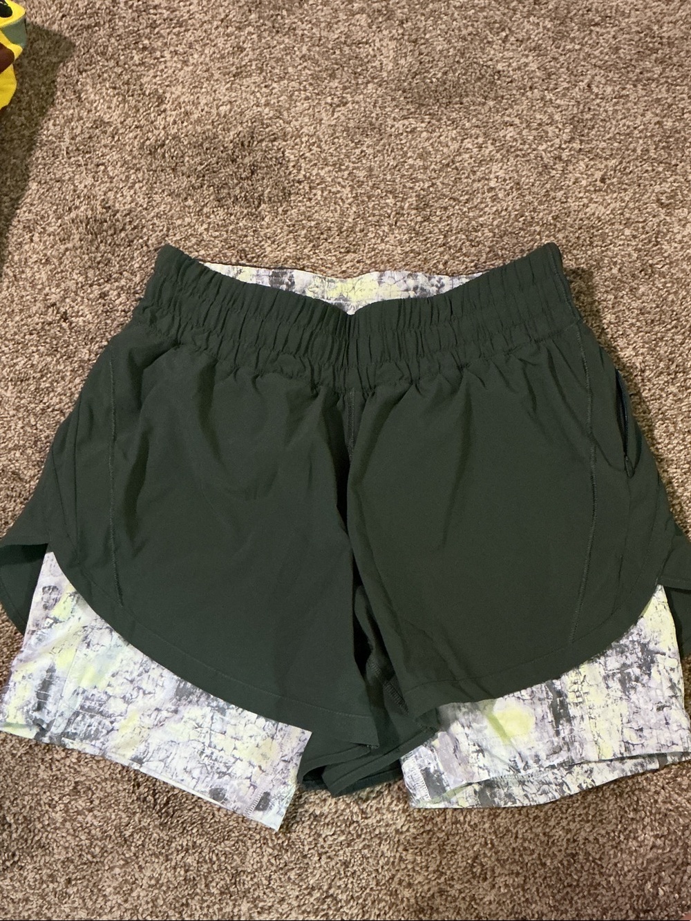 lululemon athletica Dark Green Layered Running Shorts with Printed Liner